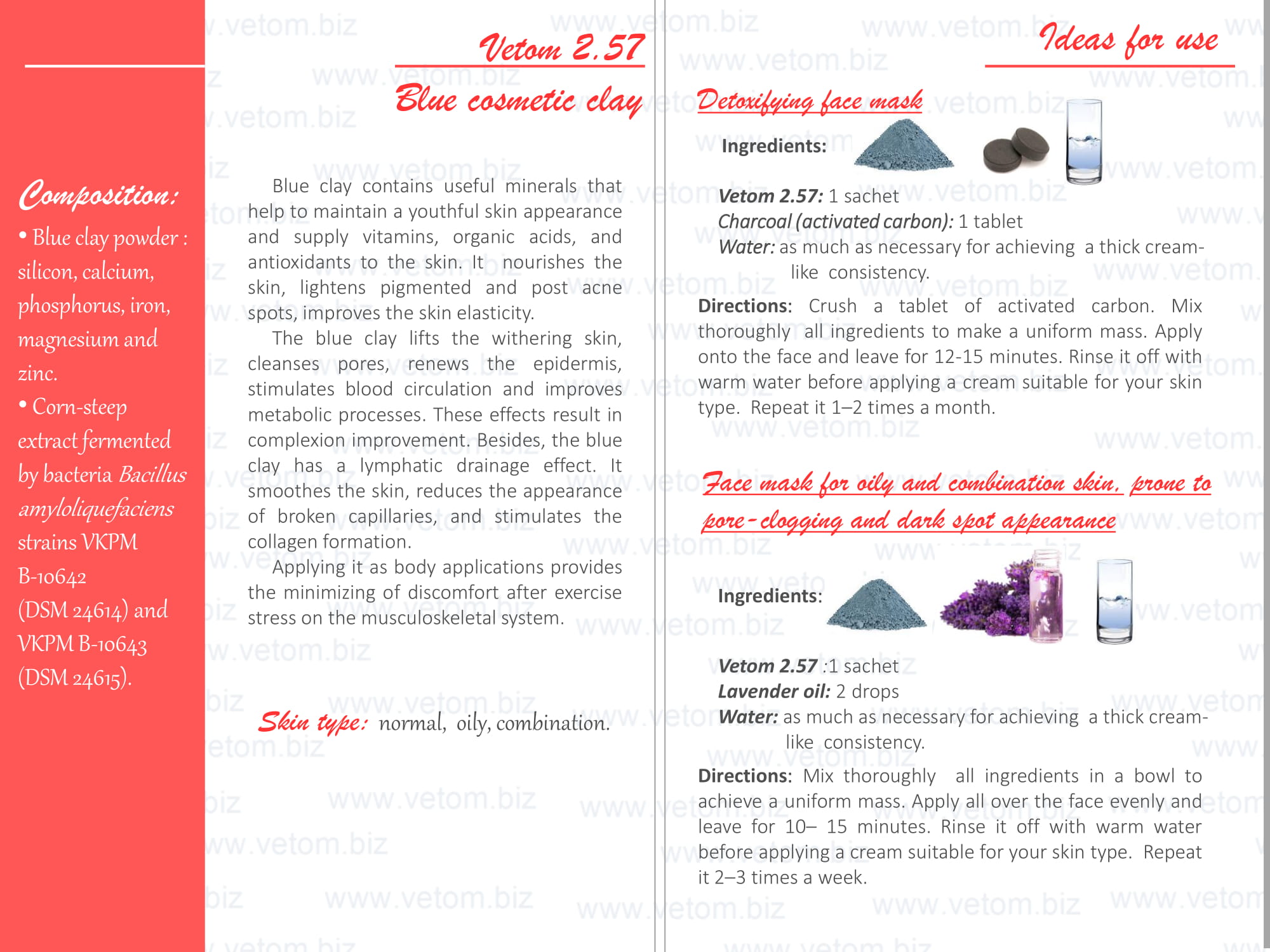 Vetom 2.57 - Blue cosmetic clay for normal, oily and combination skin types. Ideas for use: Detoxifying face mask, Face mask for skin, prone to pore-clogging and dark spot appearance.
